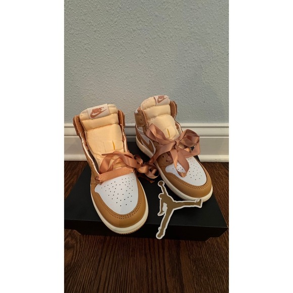 Jordan Other - Nike Air Jordan 1 Mid Youth Sneakers – Tan / White with Satin Ribbon Laces 1Y